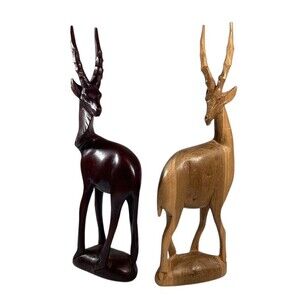 Set of Gazelle African Kenya Lt Wood /Dark Wood MCM Hand Carved Art Sculptures